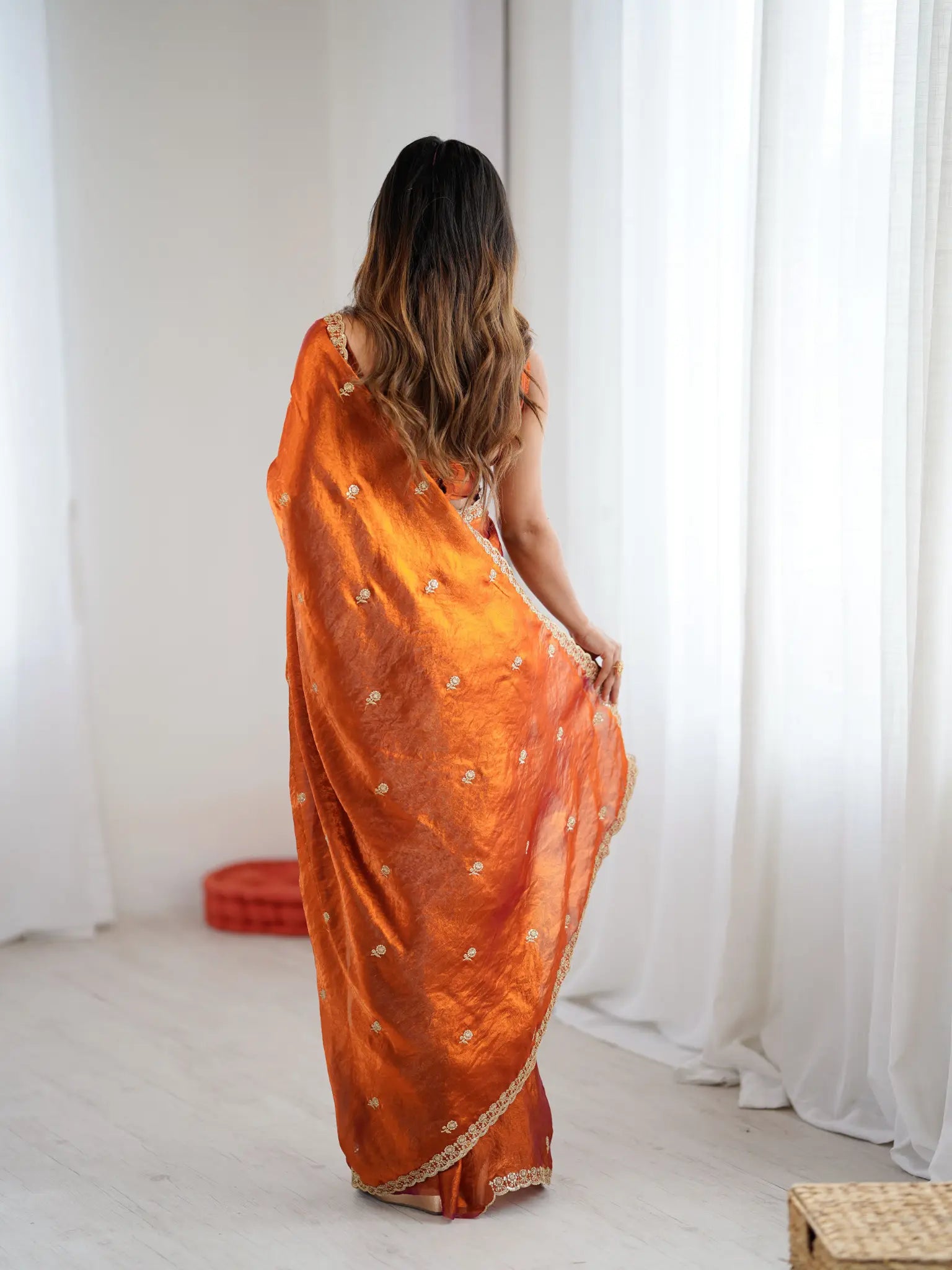 Rust Orange Fendi Satin Embroidered Saree