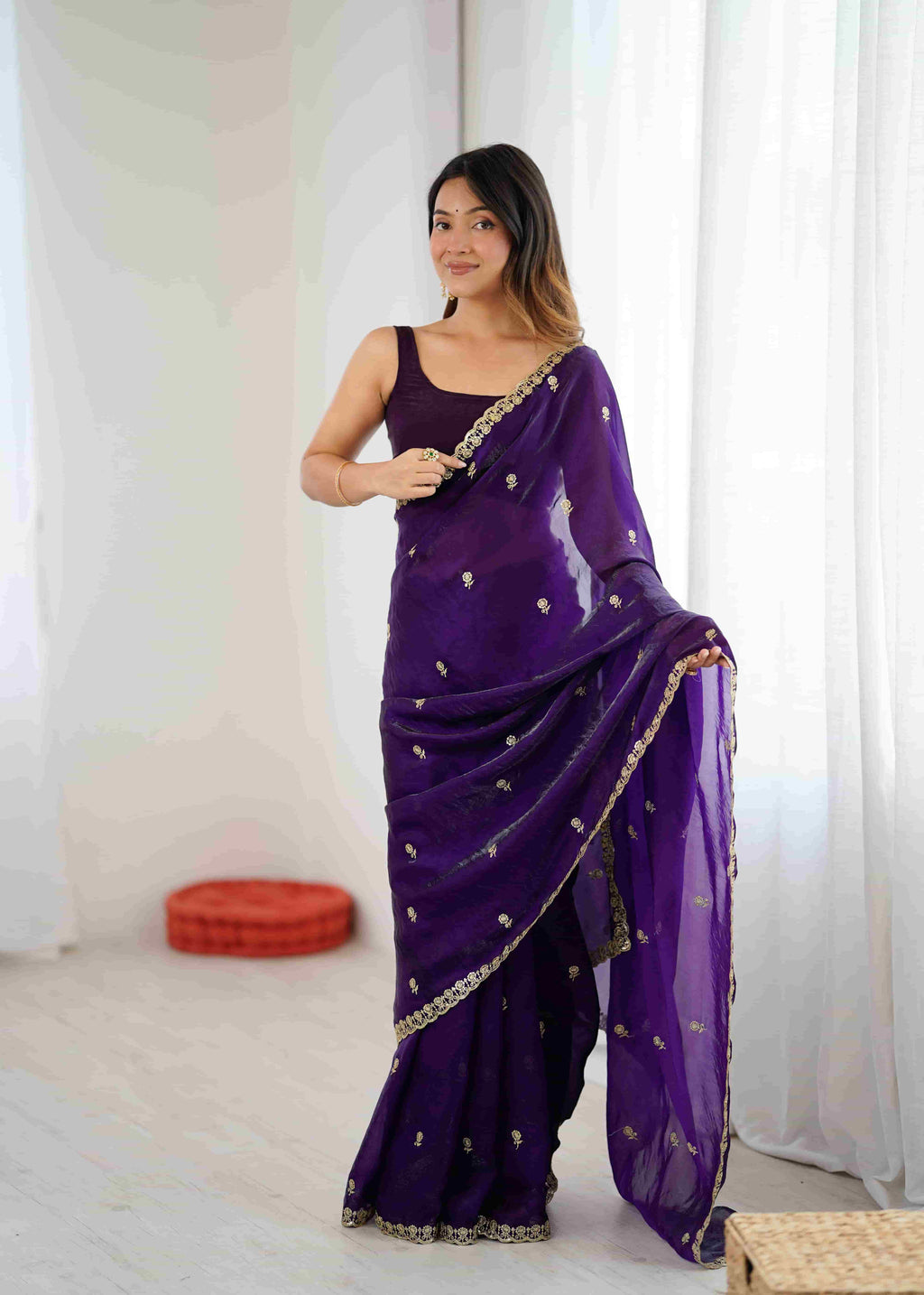 Royal Purple Habotai Silk Saree with Sequence Handwork & Stitched Blouse