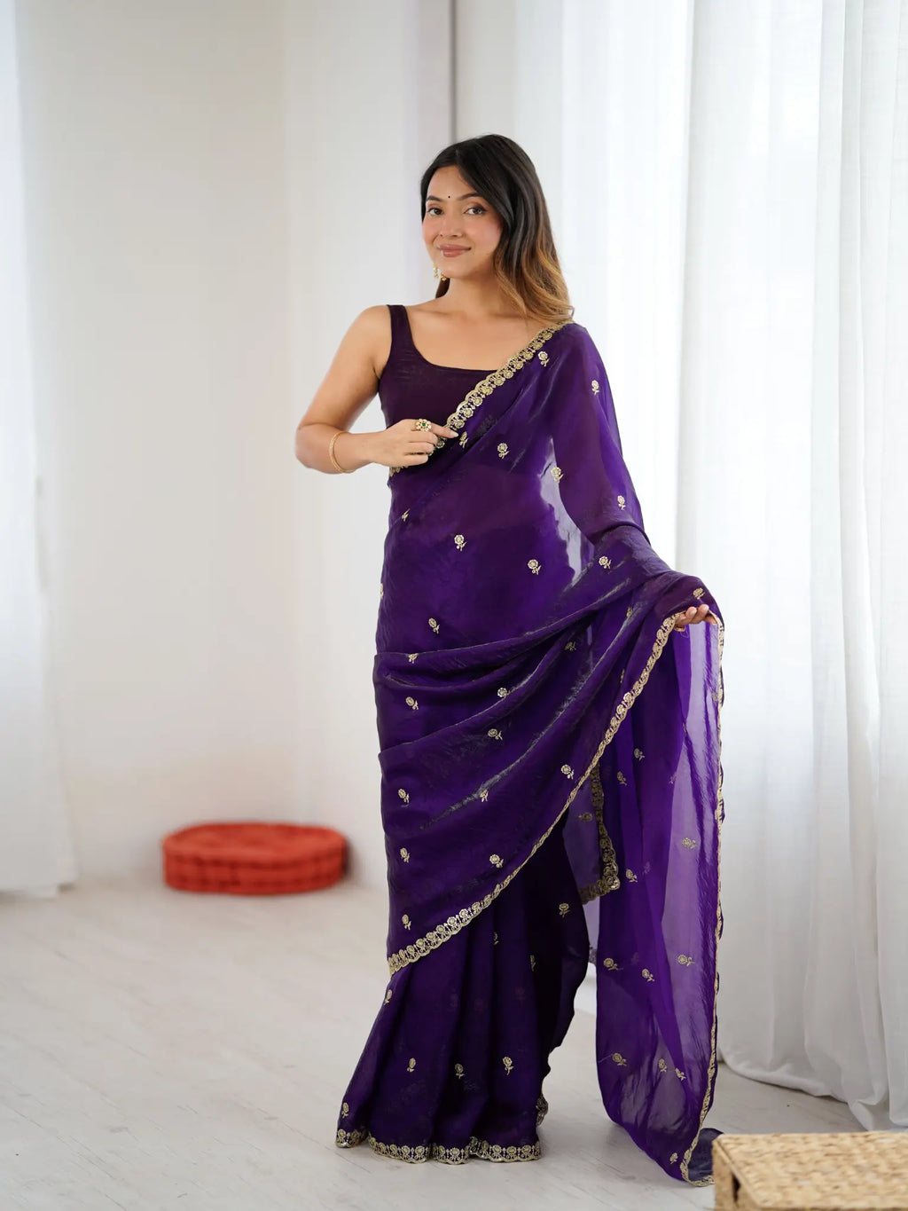 Royal Purple Fendi Satin Embroidered Saree