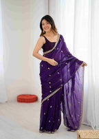 Royal Purple Habotai Silk Saree with Sequence Handwork & Stitched Blouse