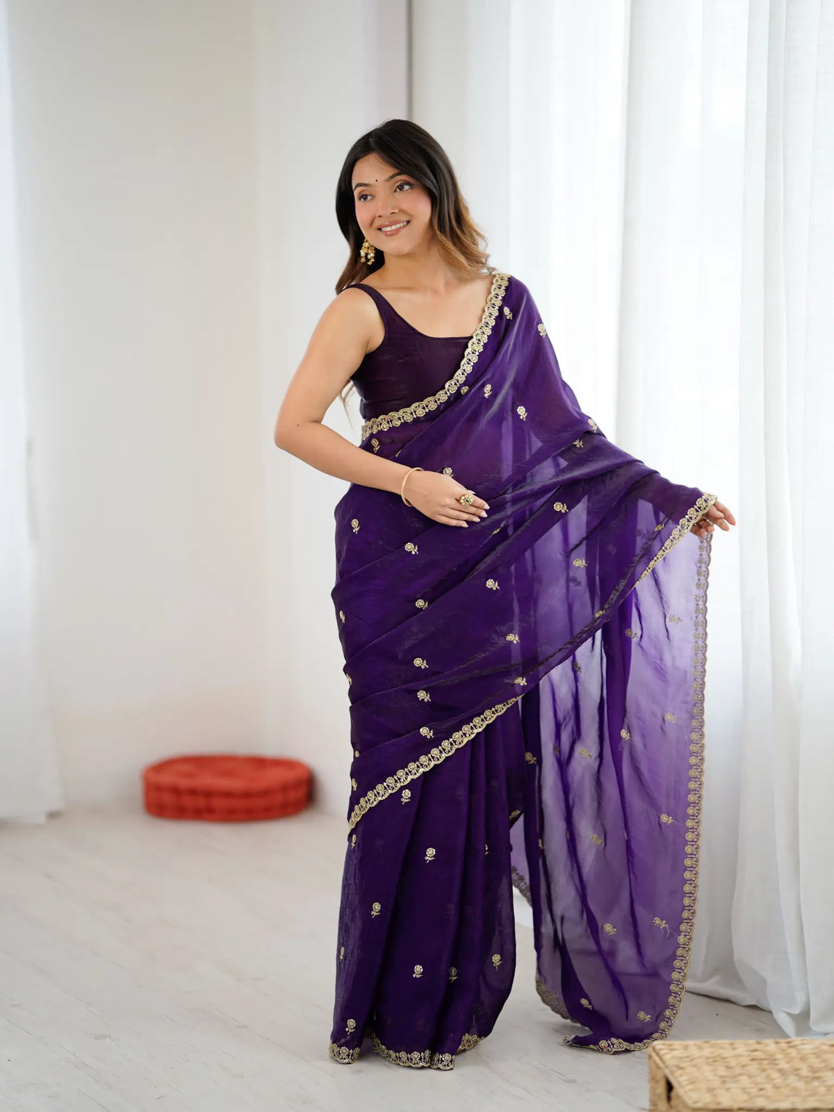 Royal Purple Fendi Satin Embroidered Saree
