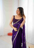 Royal Purple Habotai Silk Saree with Sequence Handwork & Stitched Blouse
