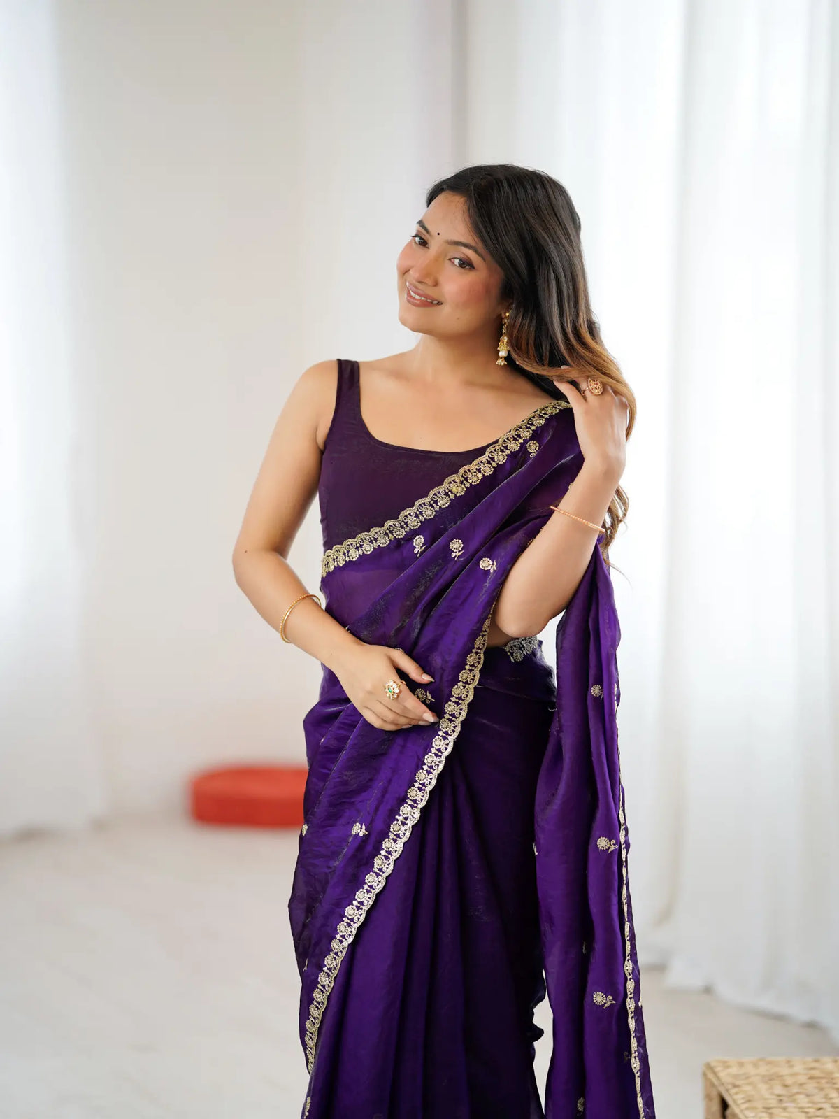 Royal Purple Fendi Satin Embroidered Saree