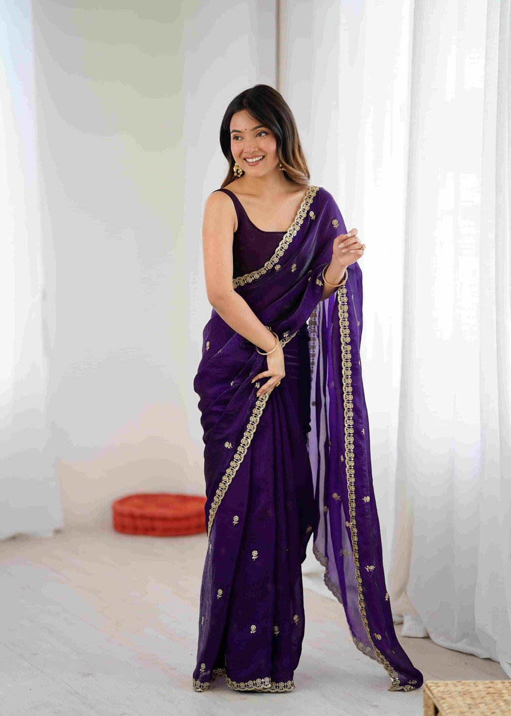 Royal Purple Habotai Silk Saree with Sequence Handwork & Stitched Blouse