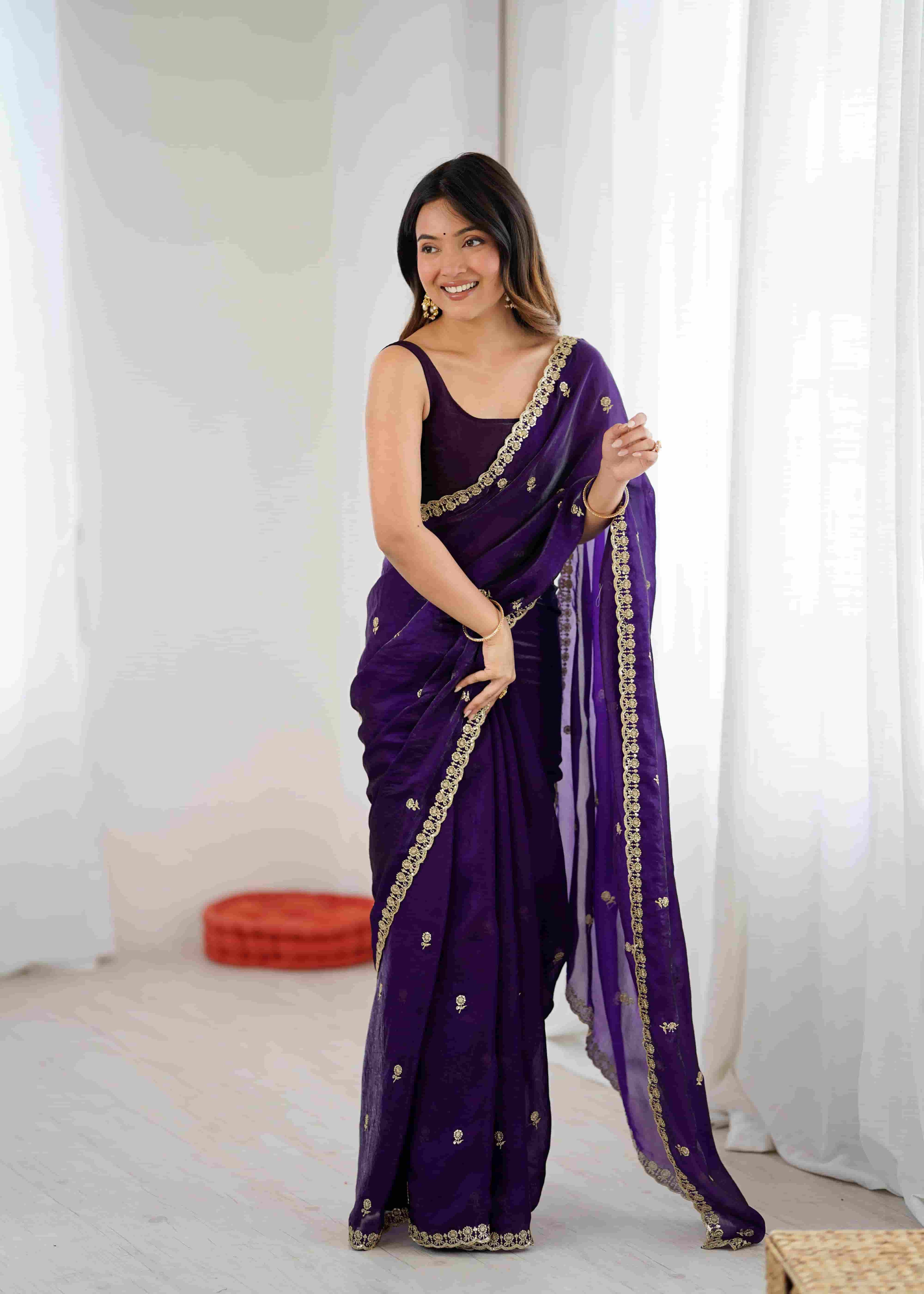 Royal Purple Habotai Silk Saree with Sequence Handwork & Stitched Blouse