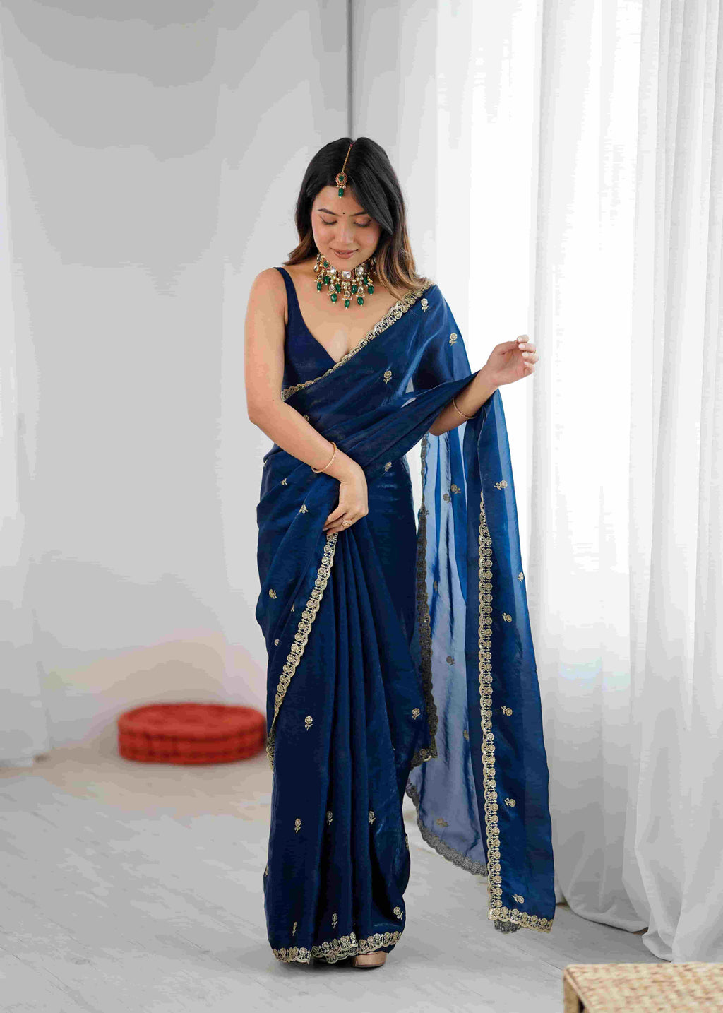 Navy Blue Crush Paper Silk Saree with Diamond Work & Stitched Blouse