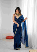 Navy Blue Crush Paper Silk Saree with Diamond Work & Stitched Blouse