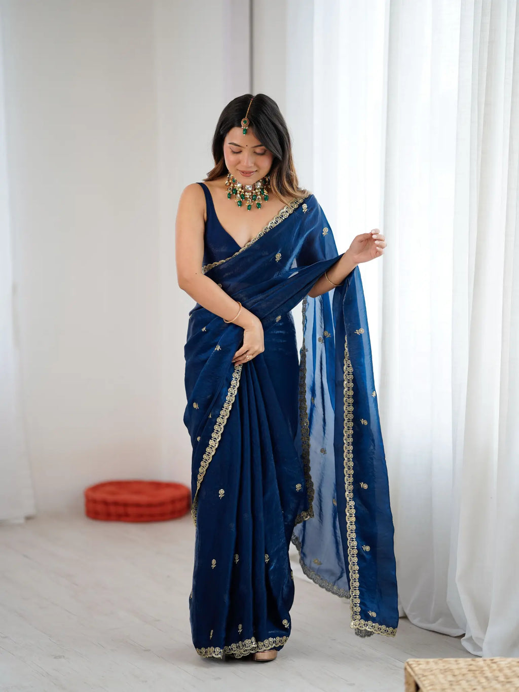Navy Blue Fendi Satin Embroidered Saree