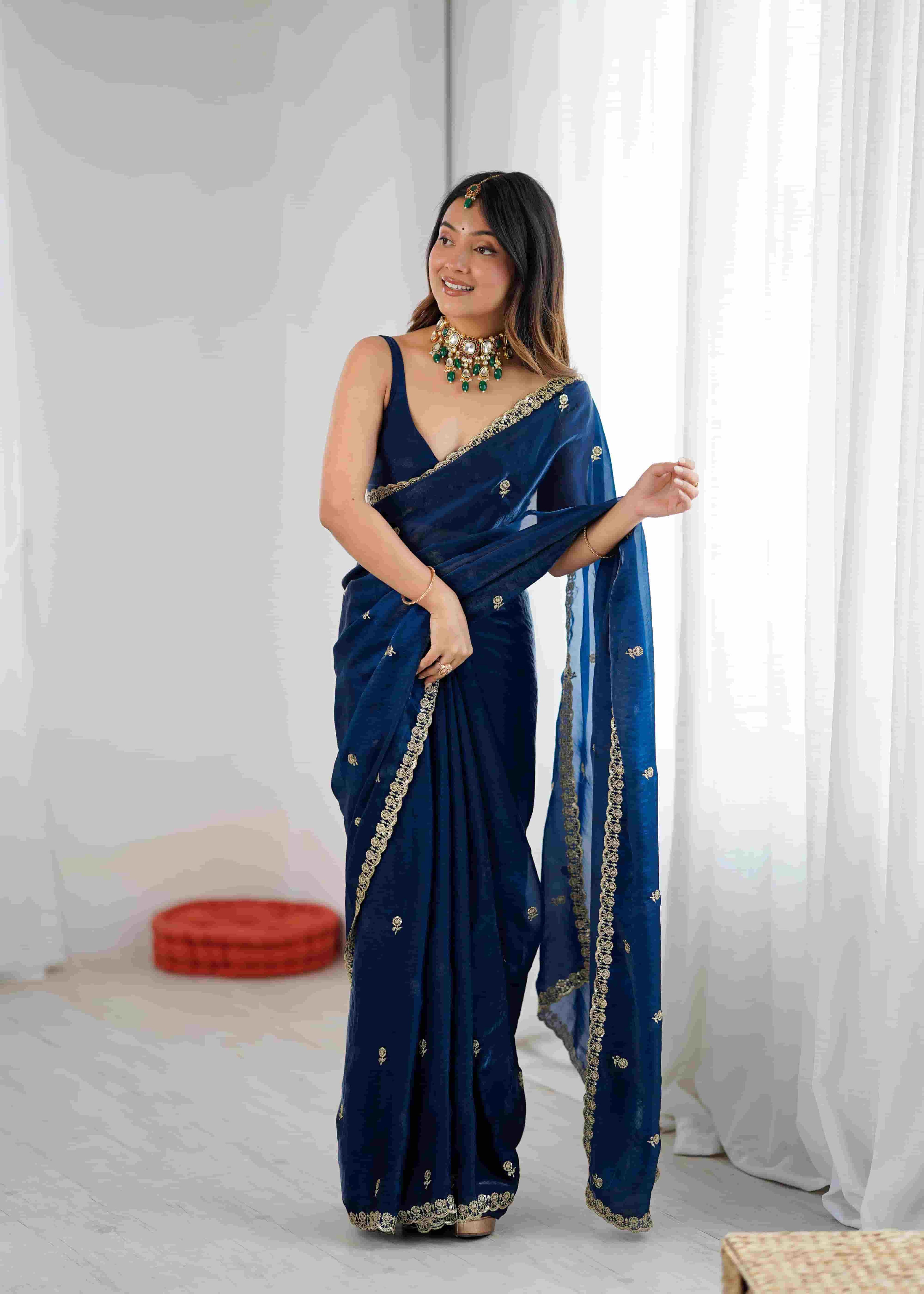Navy Blue Crush Paper Silk Saree with Diamond Work & Stitched Blouse