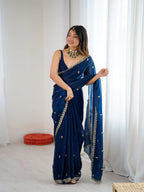 Navy Blue Fendi Satin Embroidered Saree