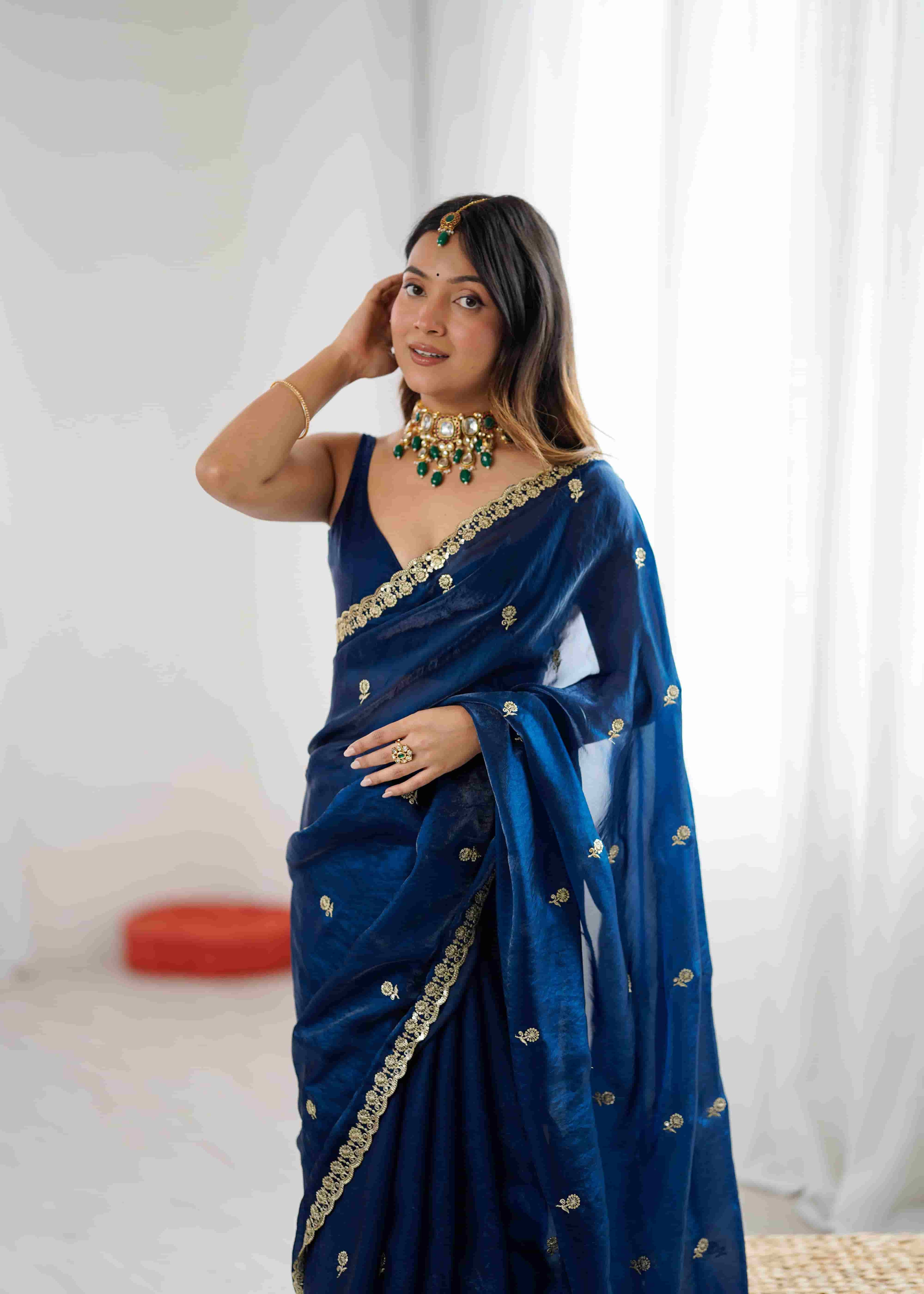 Navy Blue Crush Paper Silk Saree with Diamond Work & Stitched Blouse