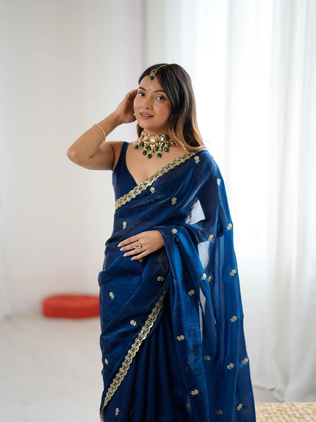 Navy Blue Fendi Satin Embroidered Saree