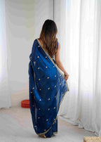 Navy Blue Crush Paper Silk Saree with Diamond Work & Stitched Blouse
