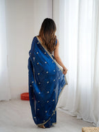 Navy Blue Fendi Satin Embroidered Saree