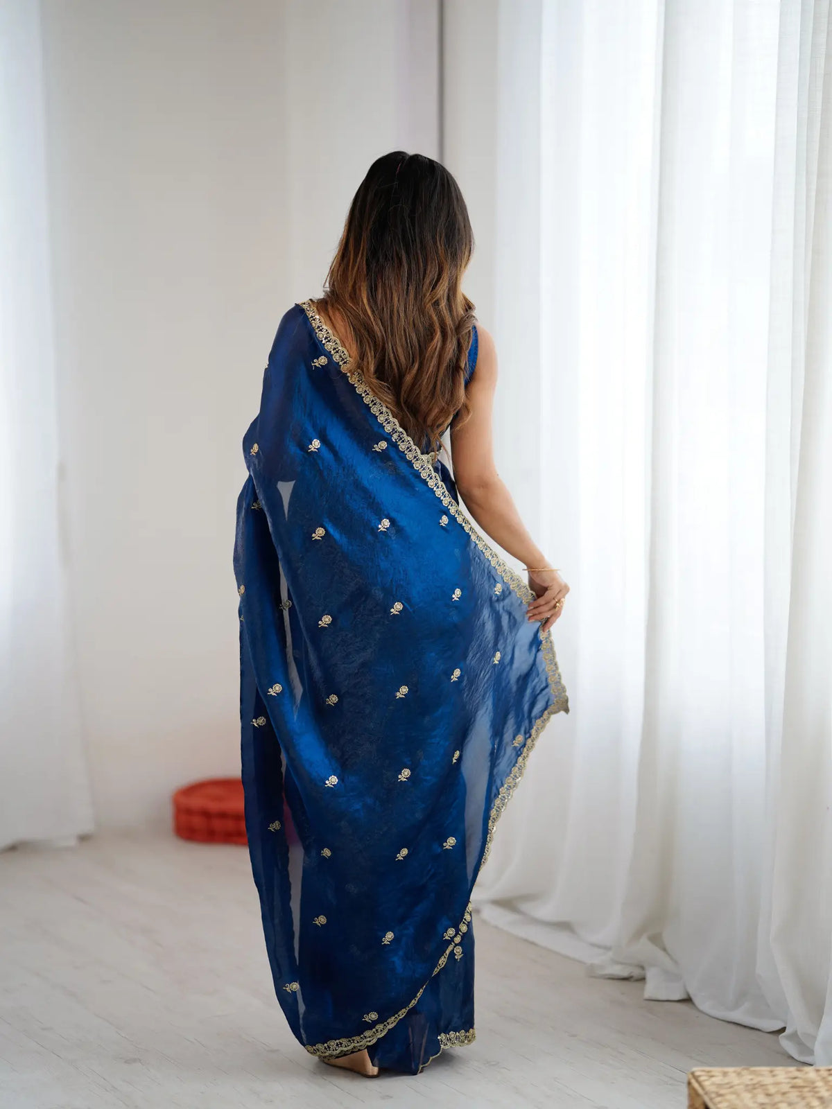 Navy Blue Fendi Satin Embroidered Saree
