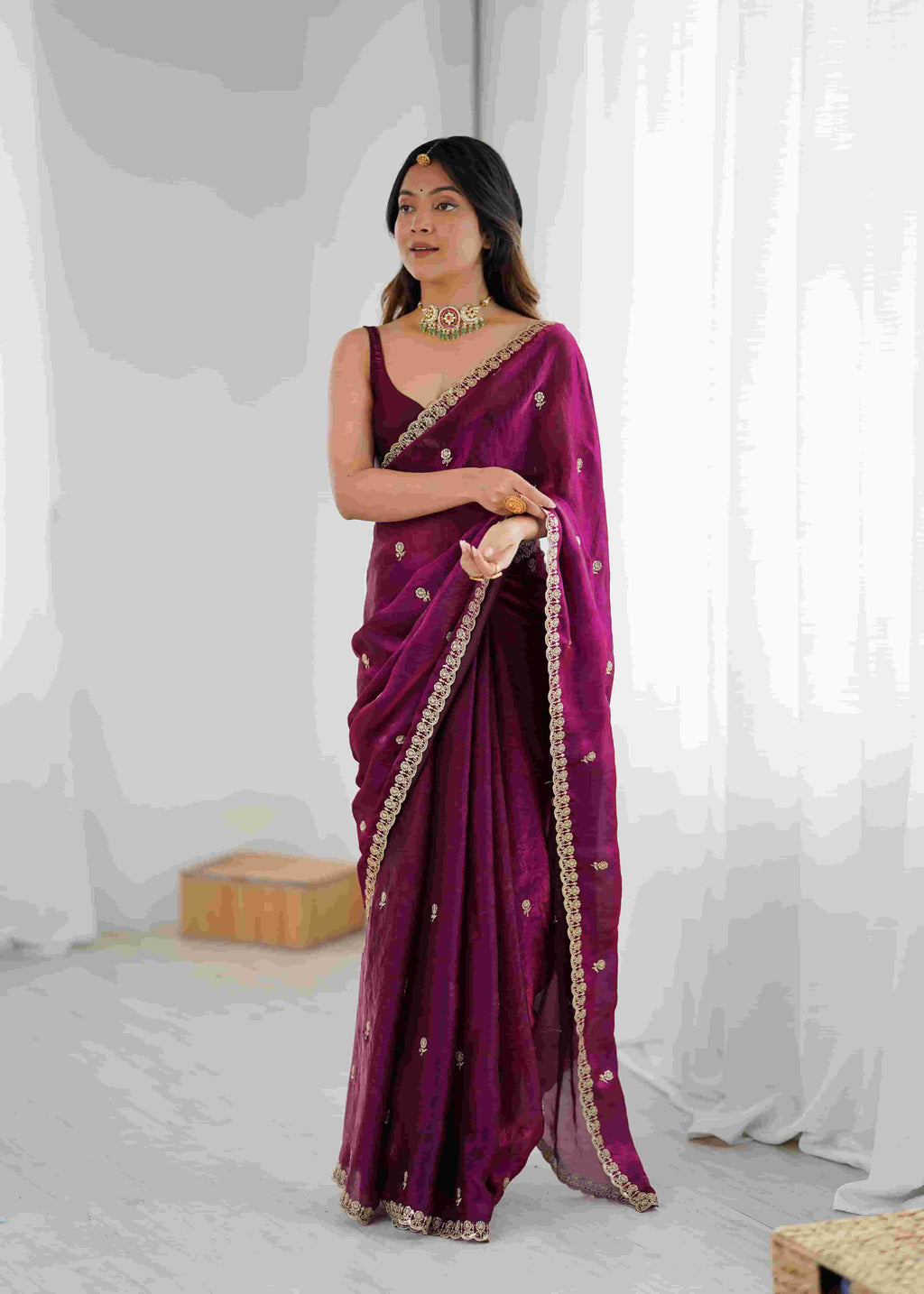 Wine Crepe Satin Silk Saree with Embroidery & Stitched Blouse