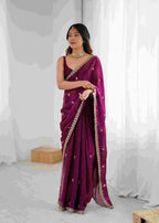 Wine Crepe Satin Silk Saree with Embroidery & Stitched Blouse