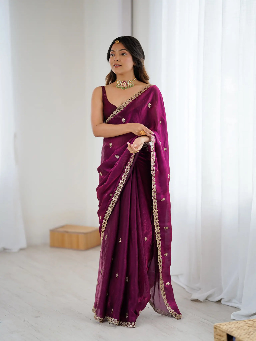 Plum Wine Fendi Satin Embroidered Saree
