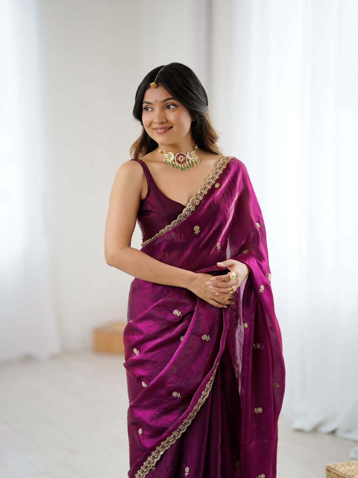 Plum Wine Fendi Satin Embroidered Saree