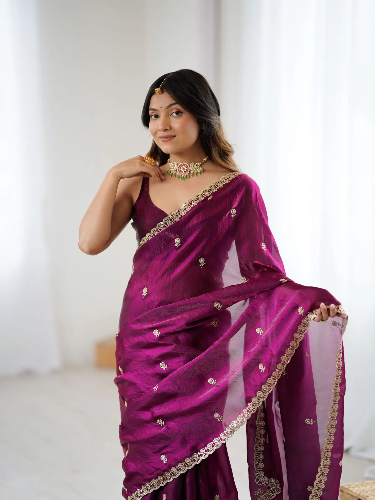 Plum Wine Fendi Satin Embroidered Saree