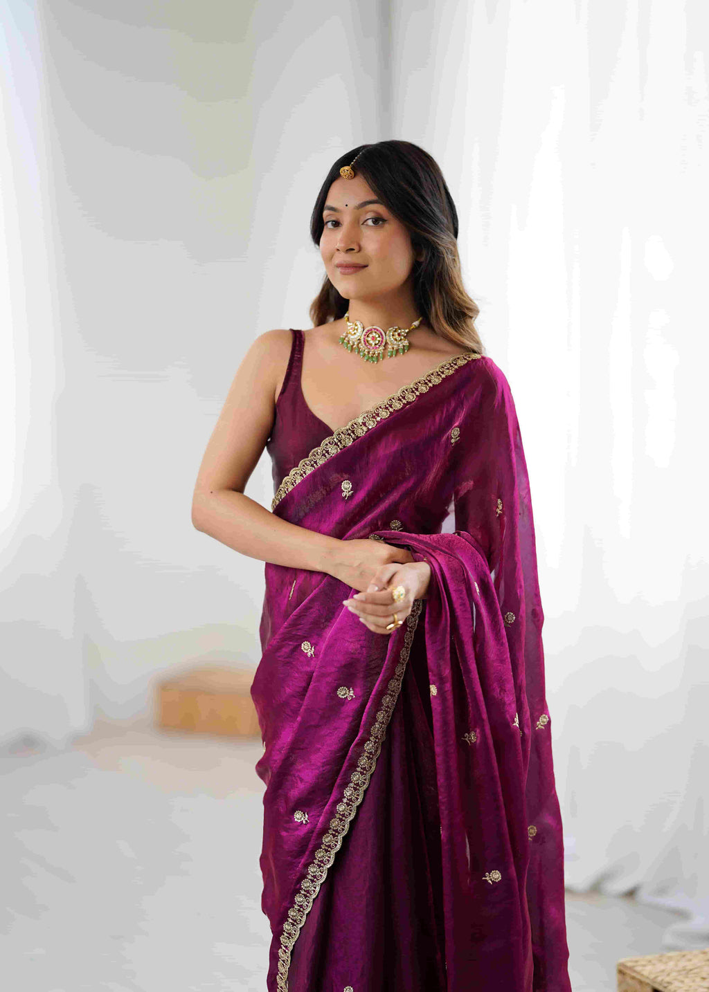 Wine Crepe Satin Silk Saree with Embroidery & Stitched Blouse