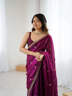 Plum Wine Fendi Satin Embroidered Saree