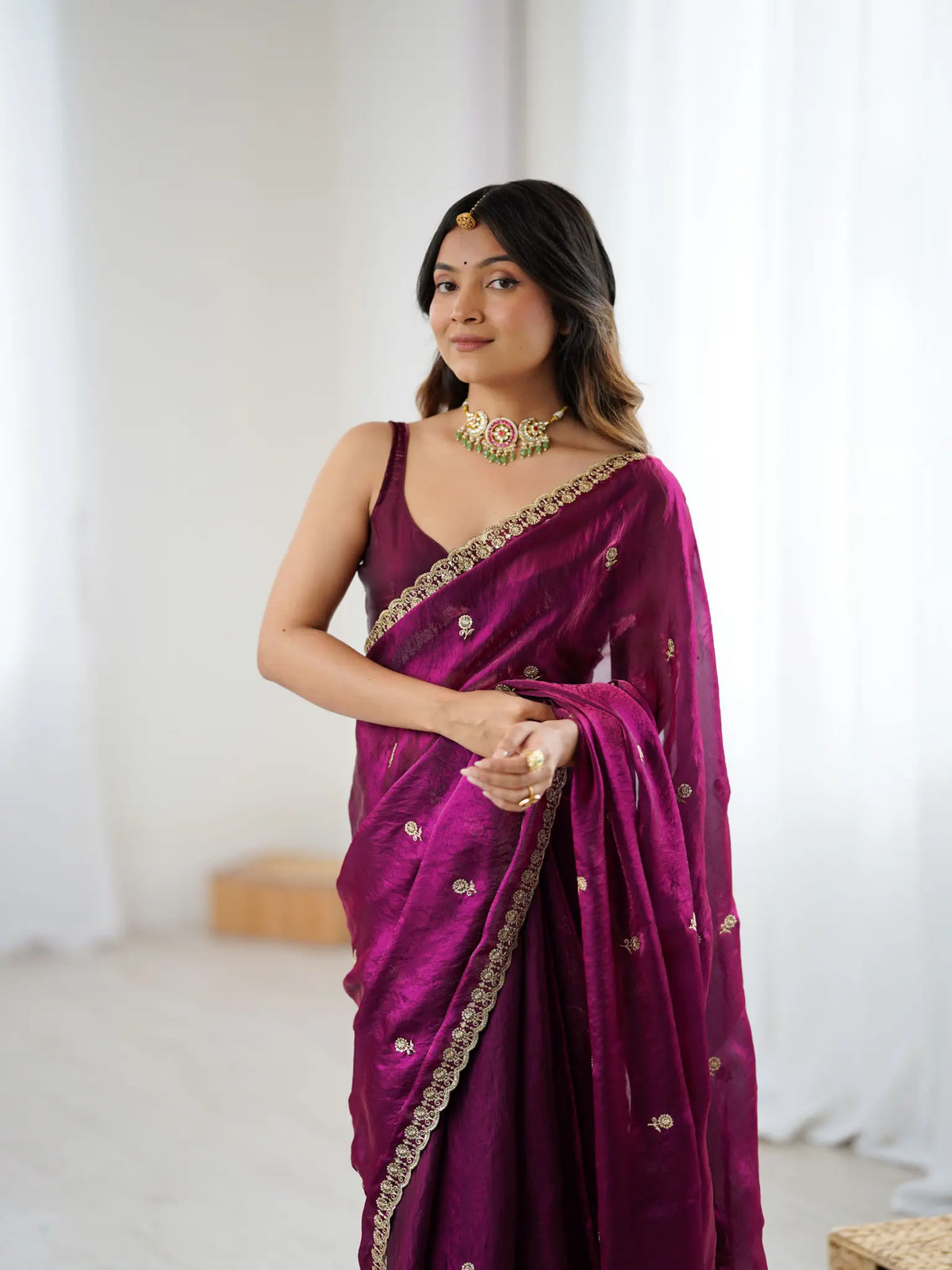 Plum Wine Fendi Satin Embroidered Saree