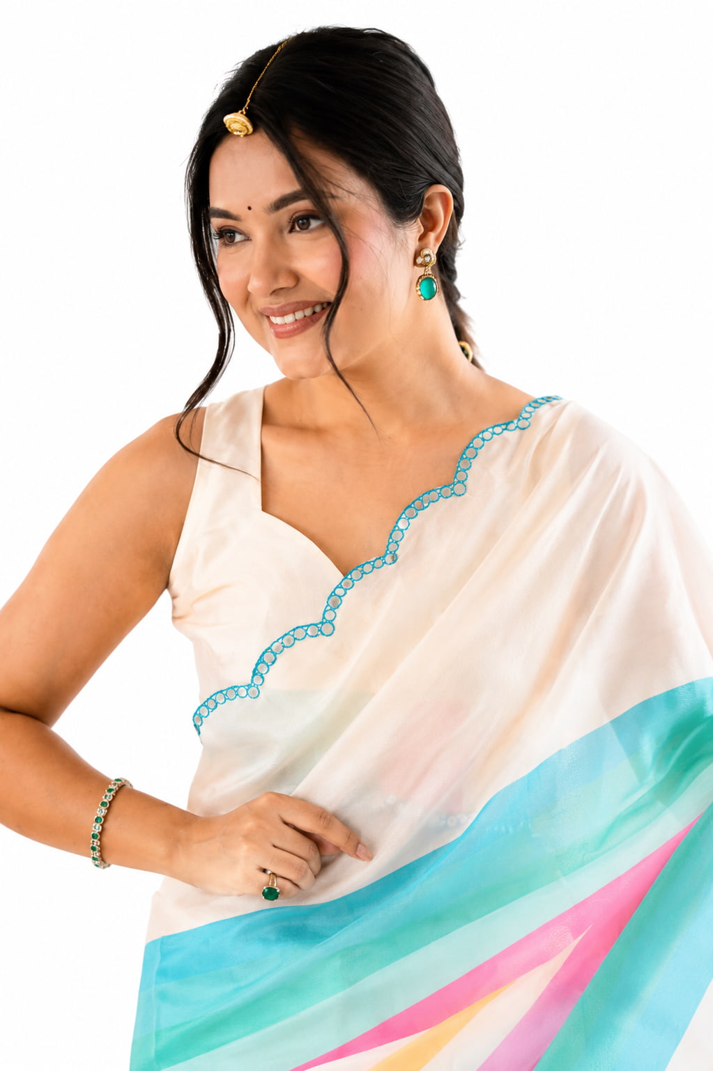 Ivory Organza Silk Mirror Work Saree