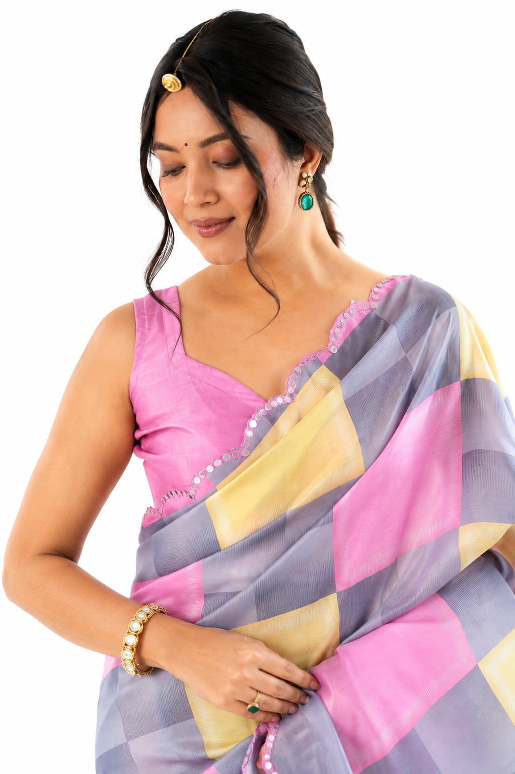 Pink Organza Silk Mirror Work Saree