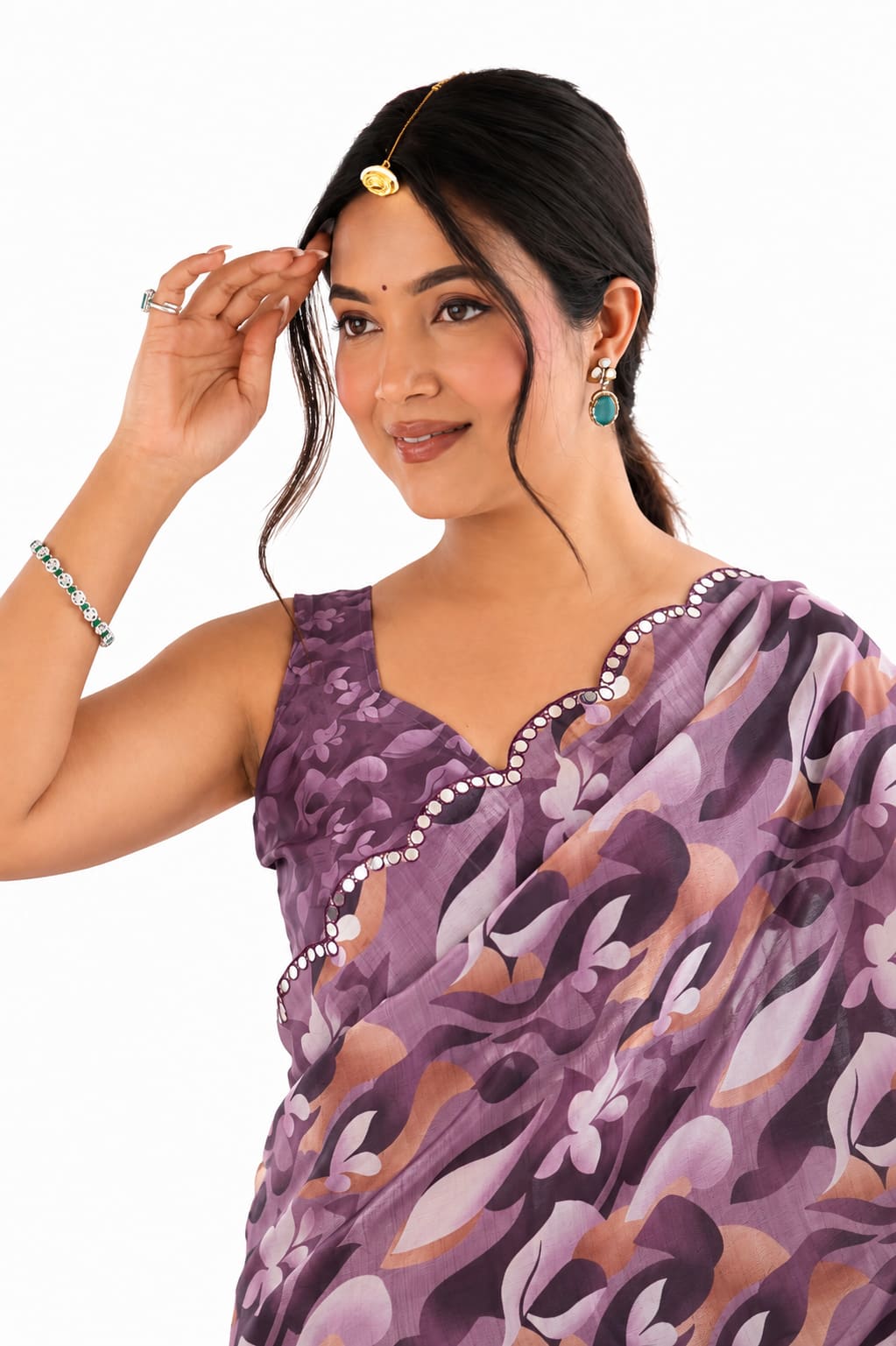 Mauve Organza Silk Mirror Work Saree