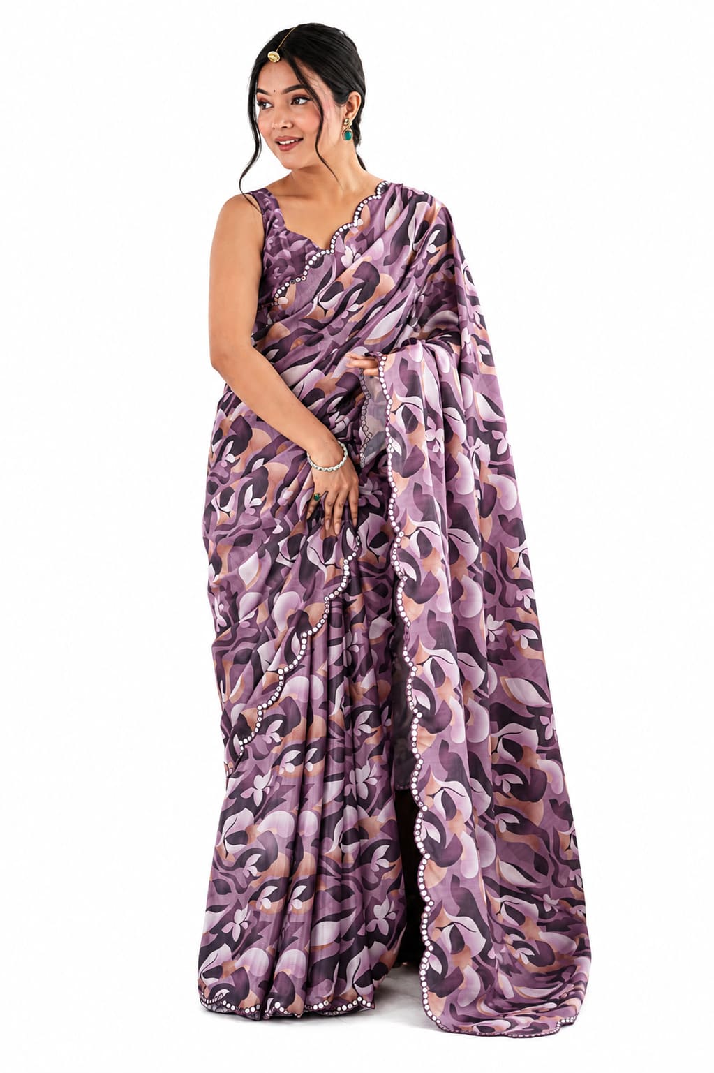 Mauve Organza Silk Mirror Work Saree