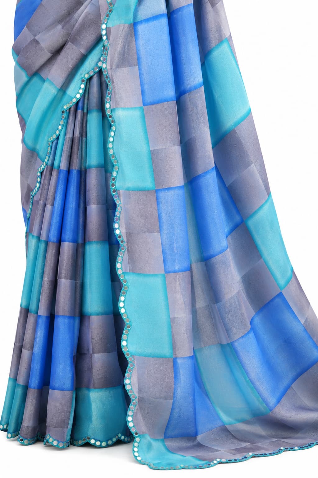 Sky Blue Organza Silk Mirror Work Saree