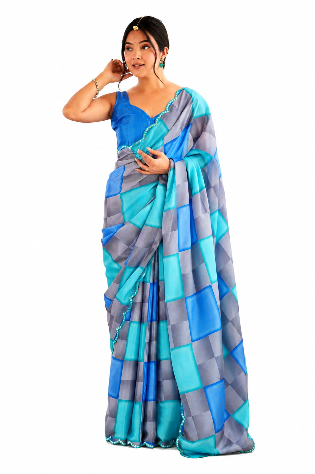 Sky Blue Organza Silk Mirror Work Saree
