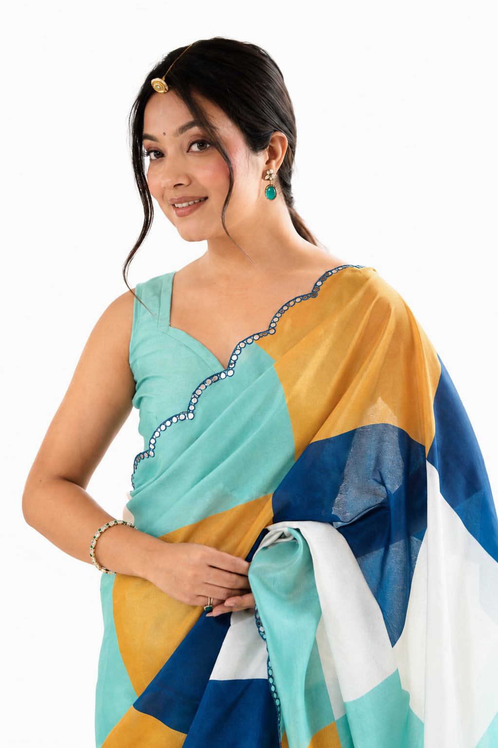 Mustard Yellow Organza Silk Mirror Work Saree