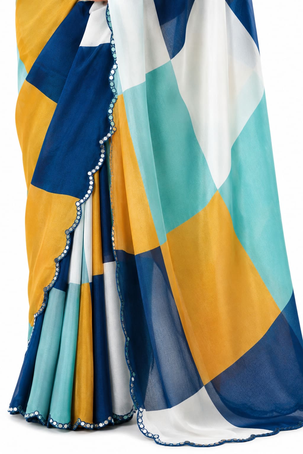 Mustard Yellow Organza Silk Mirror Work Saree