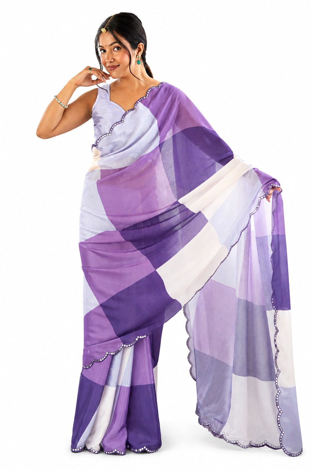Lavender Organza Silk Mirror Work Saree