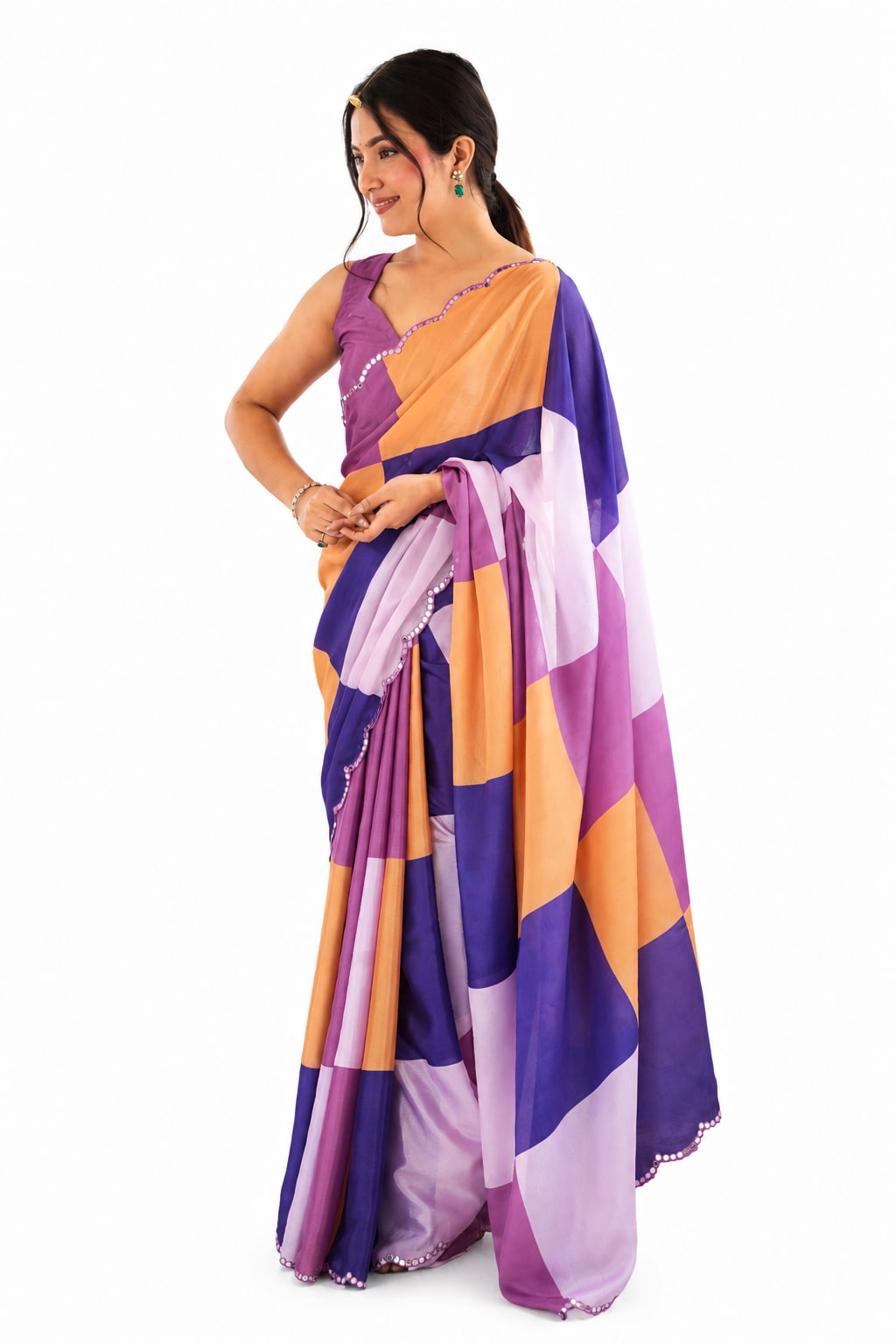 Lilac Organza Silk Mirror Work Saree