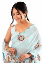 Ice Blue Organza Silk Mirror Work Saree