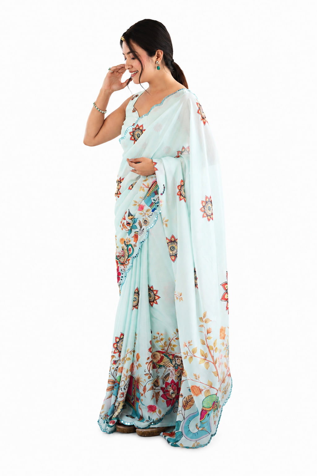Ice Blue Organza Silk Mirror Work Saree