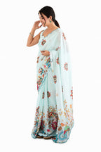 Ice Blue Organza Silk Mirror Work Saree