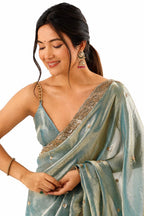 Sea Green Fendi Satin Beads Pearl Embroidery Saree - Pallu and Border Close-Up