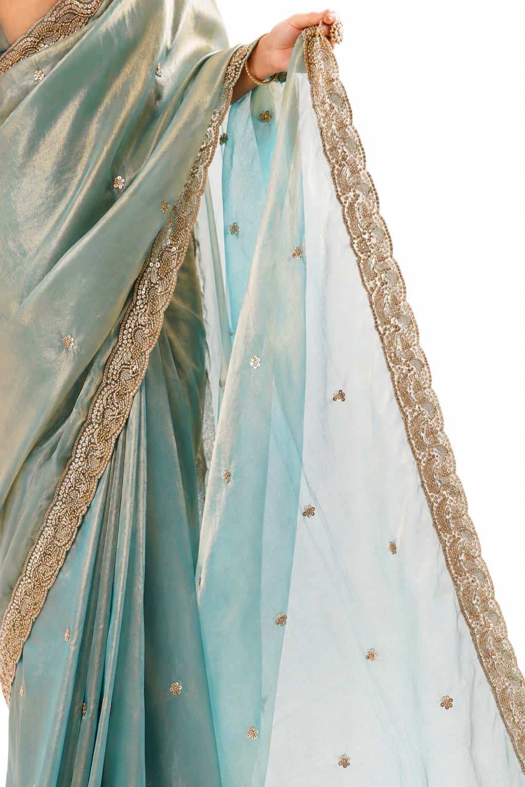 Sea Green Fendi Satin Beads Pearl Embroidery Saree - Drape and Blouse Details