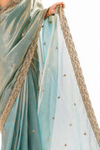 Sea Green Fendi Satin Beads Pearl Embroidery Saree - Drape and Blouse Details