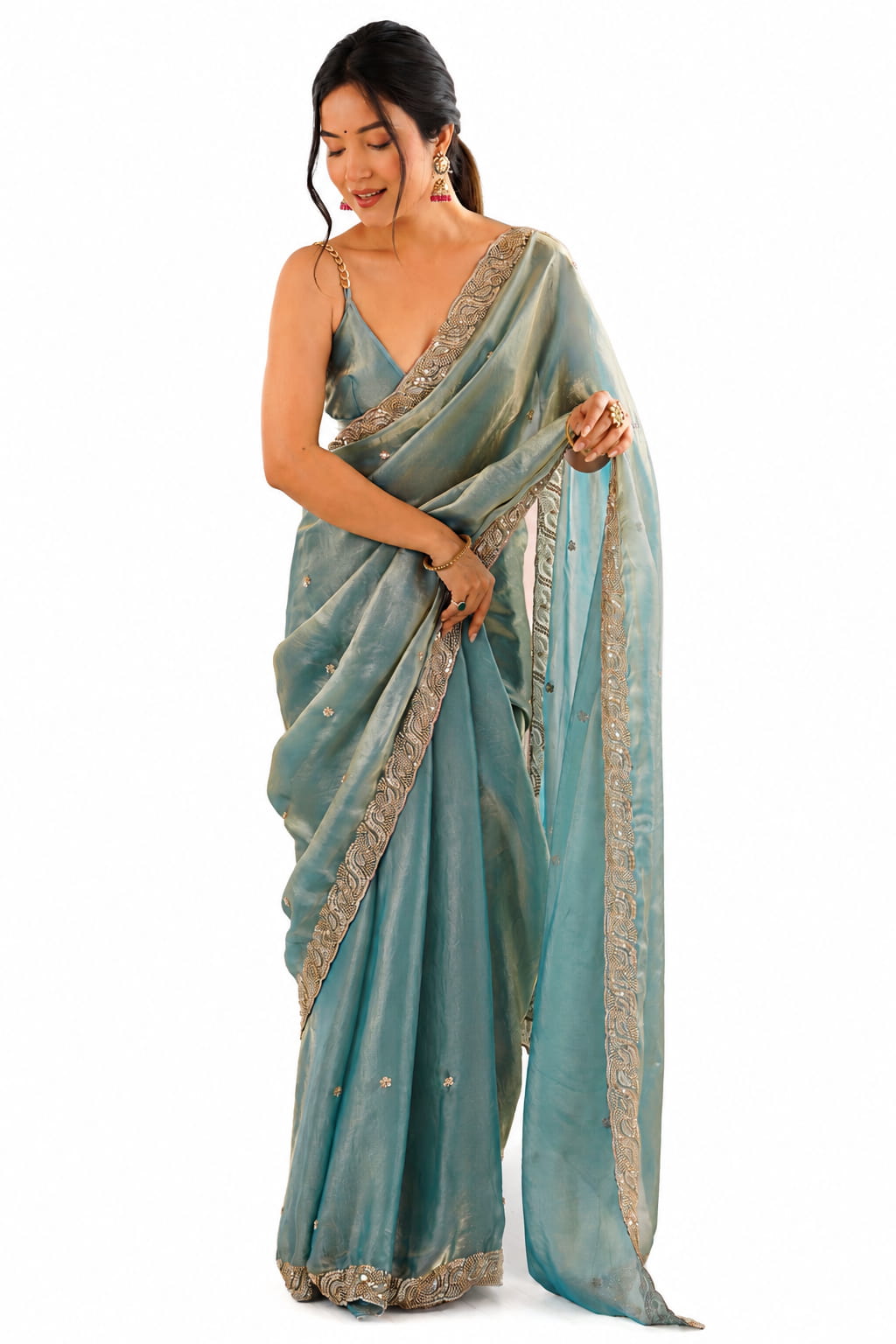 Sea Green Fendi Satin Beads Pearl Embroidery Saree - Front Full View