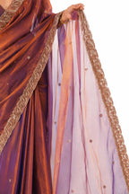 Copper Brown Fendi Satin Beads Pearl Embroidery Saree - Drape and Blouse Details