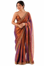 Copper Brown Fendi Satin Beads Pearl Embroidery Saree - Front Full View