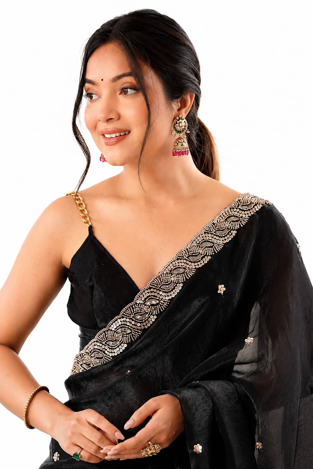 Classic Black Fendi Satin Beads Pearl Embroidery Saree - Pallu and Border Close-Up