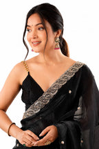 Classic Black Fendi Satin Beads Pearl Embroidery Saree - Pallu and Border Close-Up
