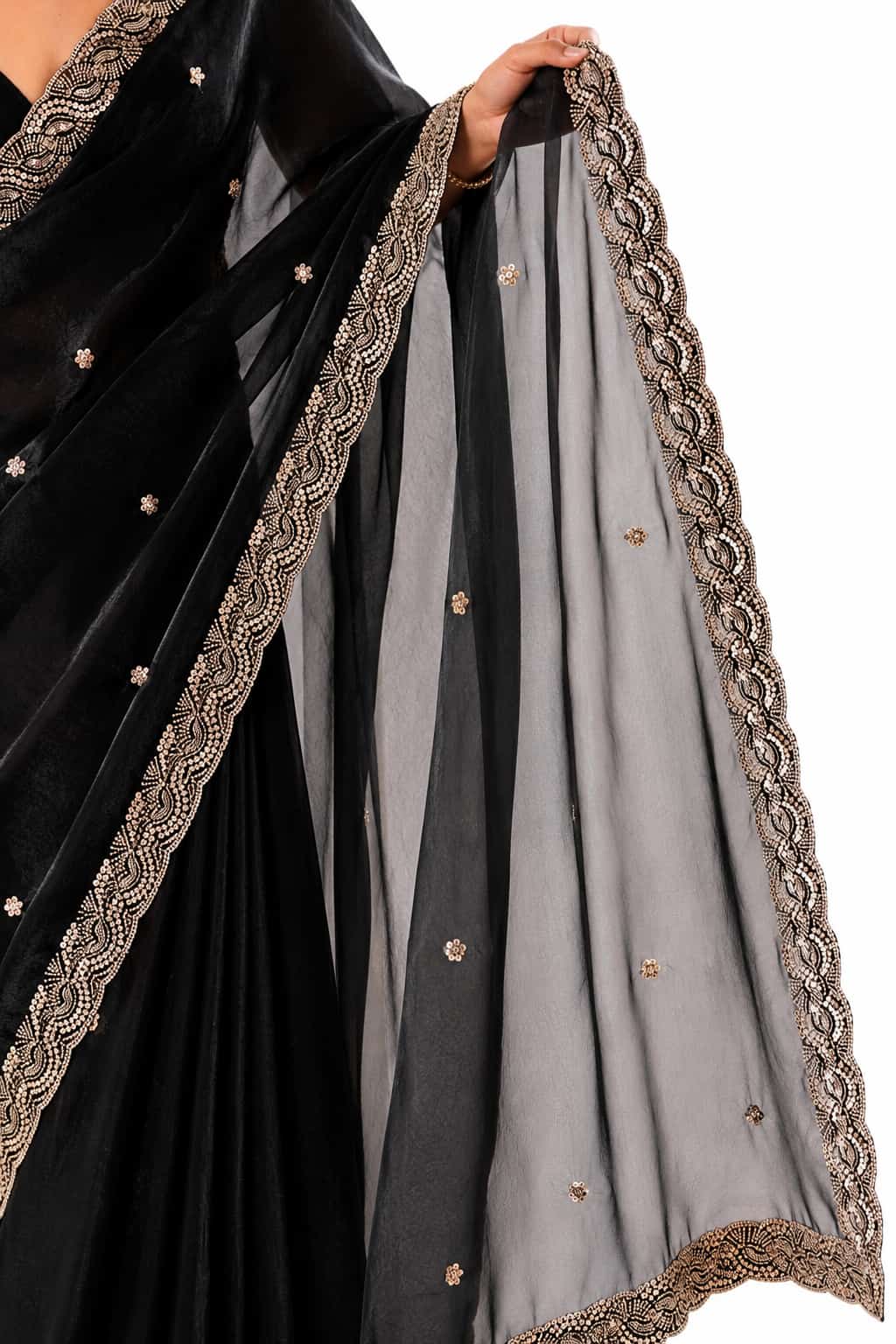 Classic Black Fendi Satin Beads Pearl Embroidery Saree - Drape and Blouse Details