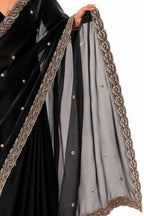 Classic Black Fendi Satin Beads Pearl Embroidery Saree - Drape and Blouse Details